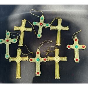 Vtg Christmas Ornaments Cross Gold Hanging Religious Ornate Spanish Celtic -C2
